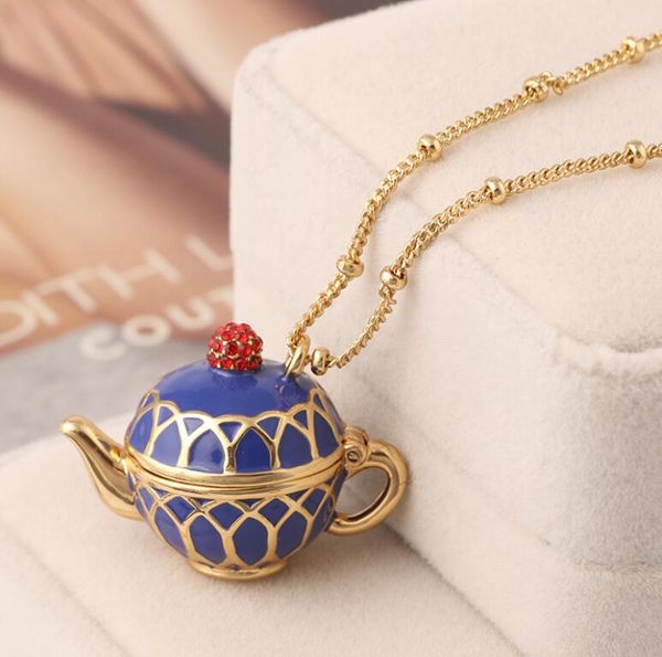 

fashion design women enamel glaze blue teapot with diamond long necklace sweater chain jewelry gift box, Silver