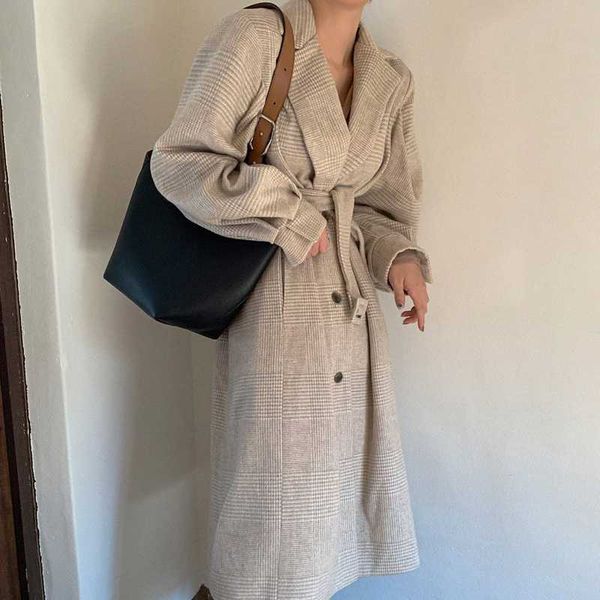 

new design plaid sashes long wool coat glamorous female streetwear coat woman warm thickened casual trendy stylish abrigo mujer, Black