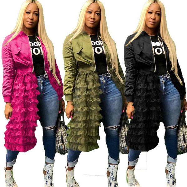 

womens designer long jackets zipper gauze panelled jacket solid color coats spring autumn womens clothing, Black;brown