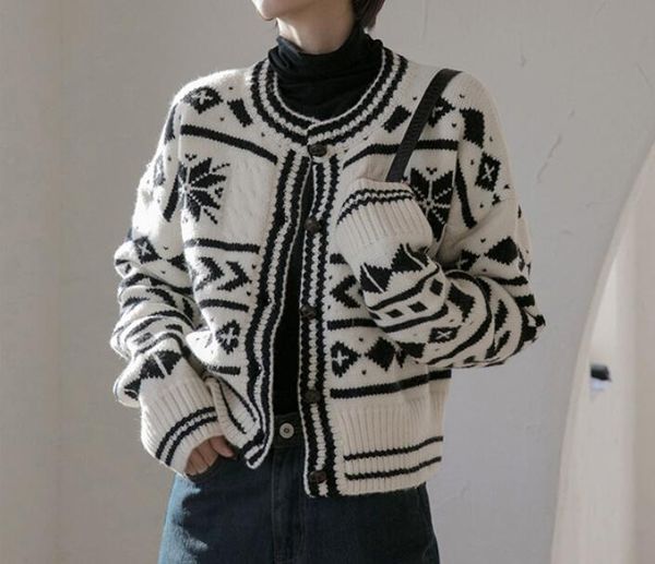 

снег напечатанный свитер женщин кардиган свитер с длинным рукавом однобортный трикотажные, White