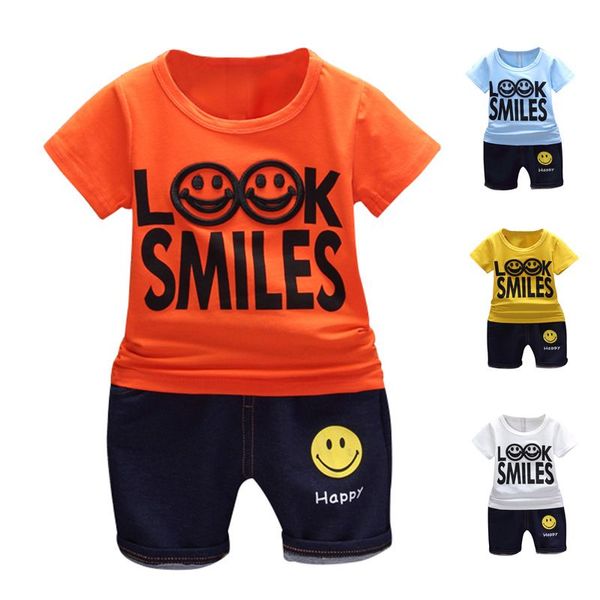 

summer baby boy adorable letter smile sets print short sleeve shirt blouse+shorts suits kids casual outfits clothes, White