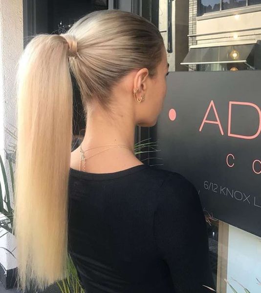 

2019 new arrival 140g silky straight white blonde ponytail 613 ,wraps raw virgin human hair ponytail hairpiece grade, Black