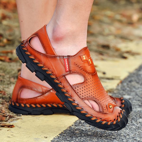 

summer shoes mens sandals roman soft genuine leather quality man breathable casual shoes men beach comfortable sandals big, Black