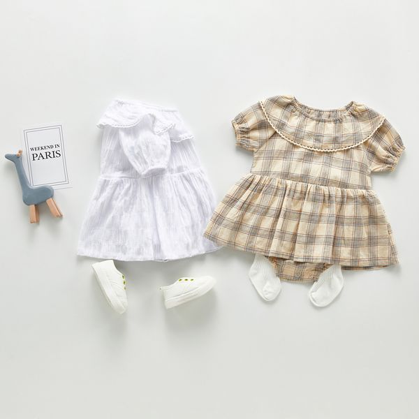 

5482 summer infant baby girls cotton rompers short sleeve skirt plaid florals onesies toddlers climb clothes child rompers, Blue