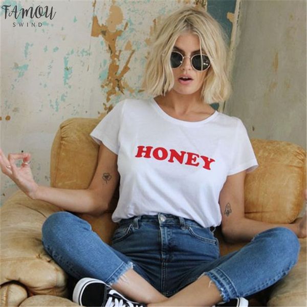 

plus size woman fashion women summer t shirt women letter printed t shirt women black tee shirt femme honey, White