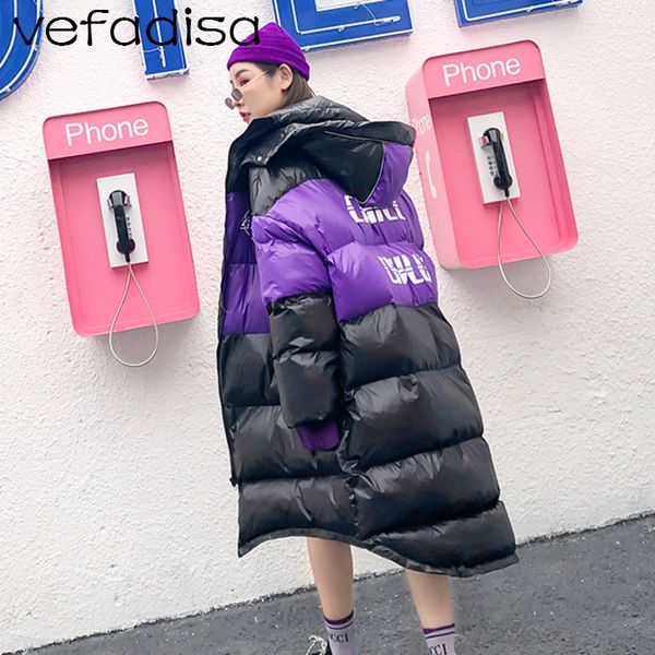 

vefadisa women color matching long cotton coat 2018 winter keep warm thick cotton overcoat letter bread coat dq409, Black
