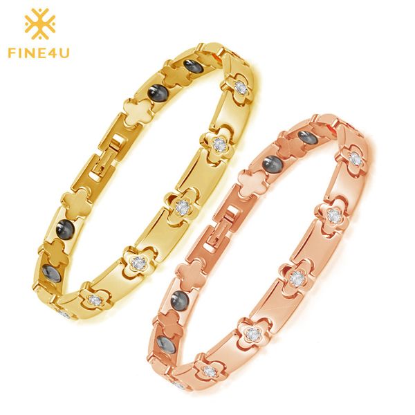 

fine4u b075 popular zircons magnetic health bracelets & bangles 316l stainless steel energy healthy bracelet for women, Golden;silver