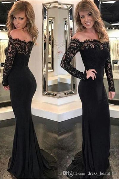 

new black elegant off the shoulder lace evening dresses long sleeves floor length mermaid formal prom party gowns occasion custom made, Black;red