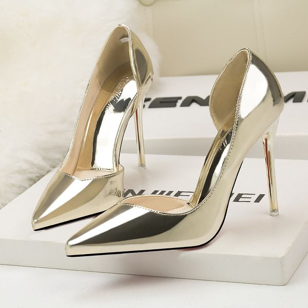 

leopard land pointed shoes stiletto hollow women's shoes metal surface shallow mouth simple women's banquet high heels zwm s04, Black
