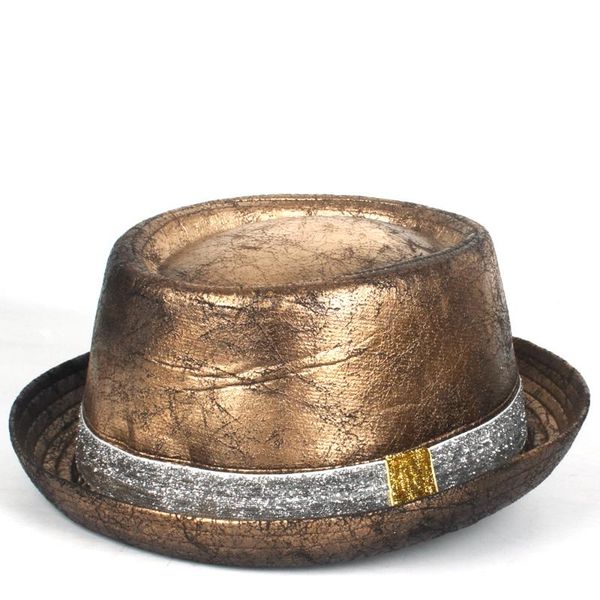 

men leather fedora hat gold pork pie hat gear glasses flat steampunk for gentleman bowler gambler cosplay, Blue;gray