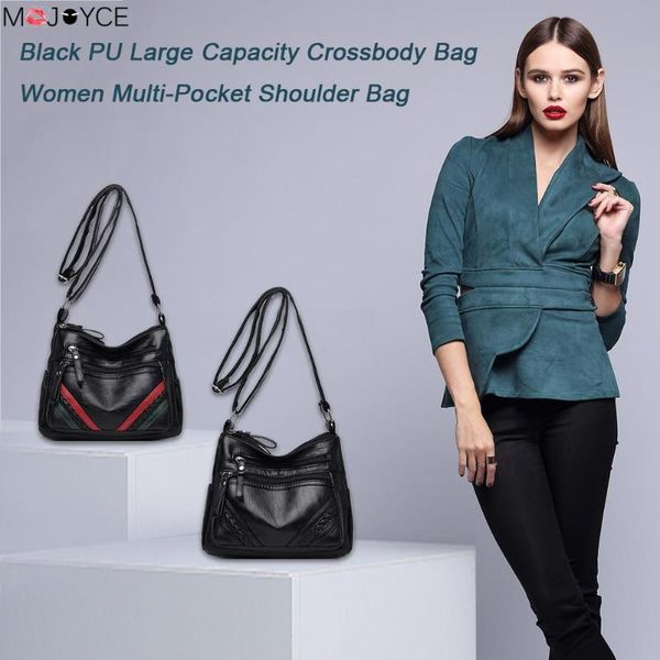 

multi-pocket big zip shoulder bags women leather stripe braid crossbody bag