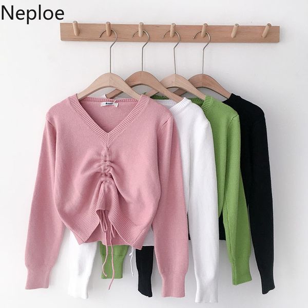 

neploe pull femme autumn 2019 new pullover sweater v-neck drawstring lace up short knitted long sleeve women jumpers 54095, White;black