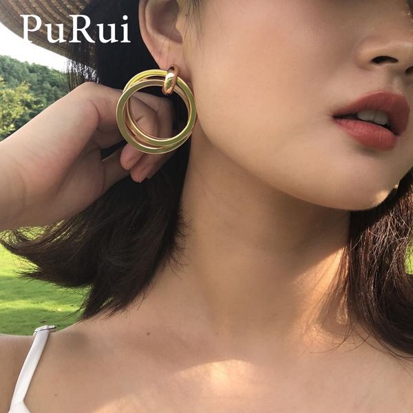 

purui double circle drop stud earrings big hoop earrings gold silver round circle rings statement earring for women chic jewelry, Golden;silver