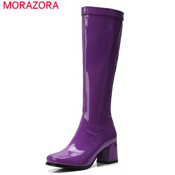 

morazora 2020 patent leather boots women zipper solid colors knee high boots high heels autumn winter ladies shoes, Black