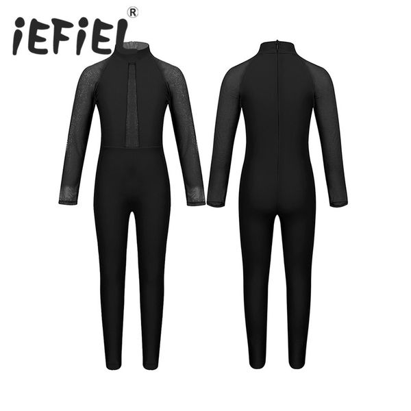 

kids girls children mesh long sleeves mock neck zippered ballet dance gymnastics leotard jumpsuit unitard performance dancewear, Black;red