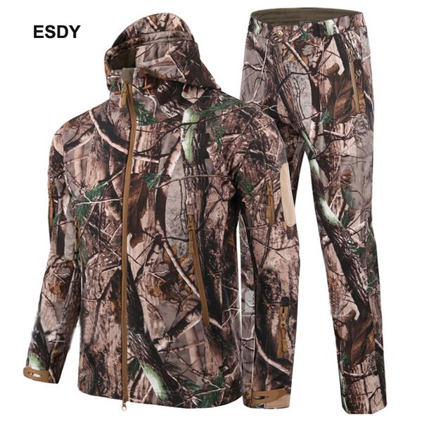 

esdy 2020 man winter outdoor hunting sets waterproof softshell tactical camouflage hunting jackets + pants suits, Blue;black