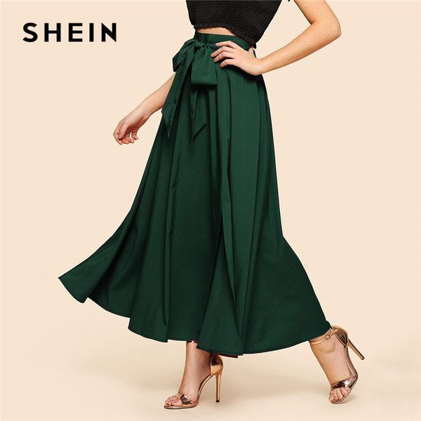 

shein green elegant bow knot front flare maxi skirt 2019 spring women high waist plain vintage full length party skirt, Black;gray