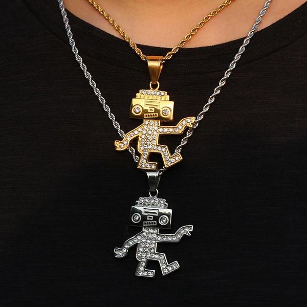 

новый iced out алмазный золото серебро нержавеющей стали мультфильм робот ожерелье белый rhinestone hip hop ювелирные подарки для мальчиков, Silver