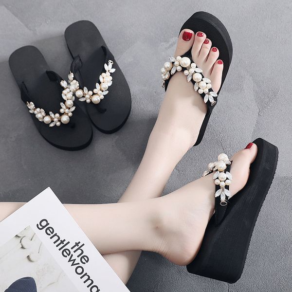 

womens flip flops 6.5cm heel-height beach sandals women's slippers female flat sandals design diy personalization holiday, Black