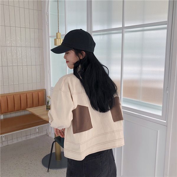 

long sleeve denim jacket loose crop spring fall new turn-down collar pockets patchwork single breasted coats vetement femme, Black;brown