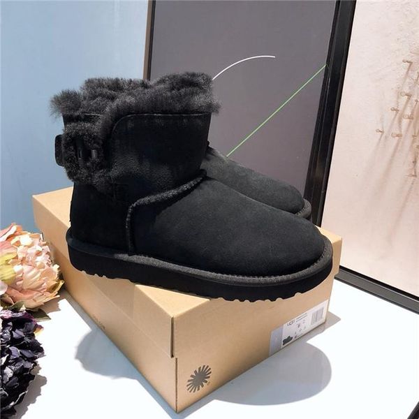 

australian winter new square buckle fur integrated snow boots womenss leather flat womenss short boots warm wool womenss shoes, Black