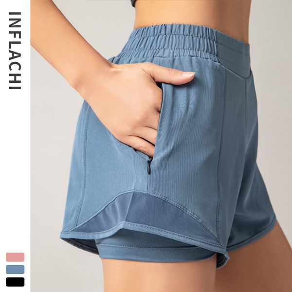 

2020 new network yarn patchwork yoga shorts summer running shorts women quick dry gym loose wide leg with zipper pocket, Black;blue