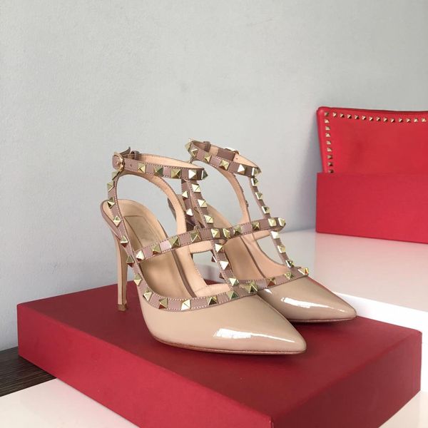 

women designer sandals women shoes high heels evening party rivets ladies pointed shoes dance wedding shoes double straps sandals, Black