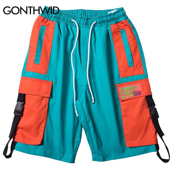 

gonthwid боковая пряжка тесемки цвет блока лоскутная cargo shorts streetwear hip hop mens summer casual мульти карманы мешковатые шорты, White;black