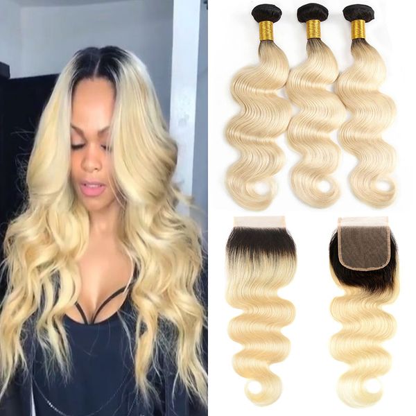 

body wave malaysian human hair 1b/613 ombre blonde bundles with closure peruvian brazilian blonde virgin hair weaves with 4*4 lace closure, Black;brown