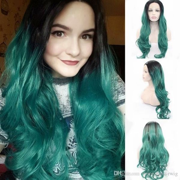 New Hairstyle Two Tones Black To Green Synthetic Wig Heat Resistant Fiber Natural Wave Ombre Green Lace Front Long Hair Wig For Women Wig Suppliers