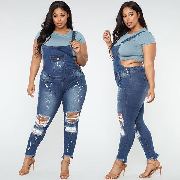

2019 summer fashion women plus size denim long rompers hole bib overall ripped jeans bodysuits skinny casual solid jumpsuits, Black;white