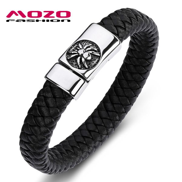 

fashion classic men bracelet black leather stainless steel flycatcher magnet buckle bracelet man spider punk jewelry ps2084, Golden;silver