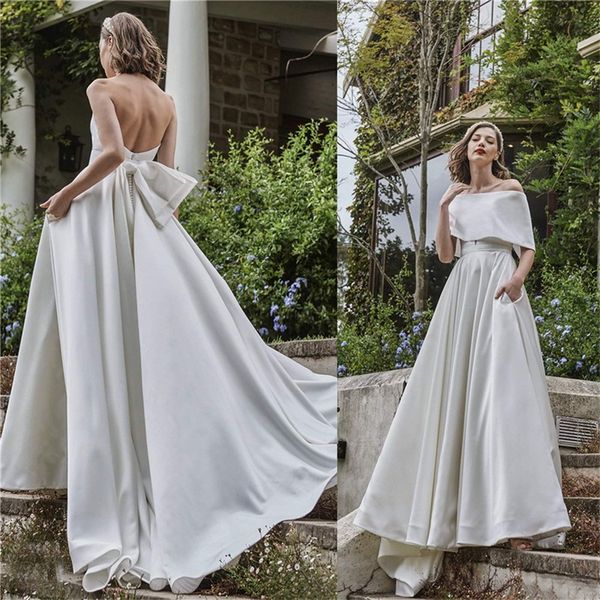 

elegant vintage wedding dresses bateau 1/2 long sleeve a-line bridal dress ruched satin backless sweep train robes de mariÃ©e, White