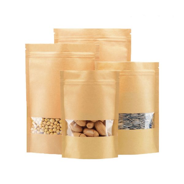 

100pcs food moisture-proof bags,window bags brown kraft paper doypack pouch ziplock packaging for snack,cookies