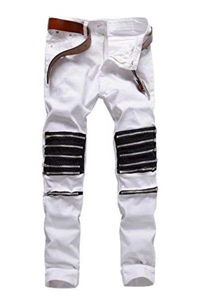 

betuslinec men's fashion ripped slim skinny biker jeans zipper deco, Blue