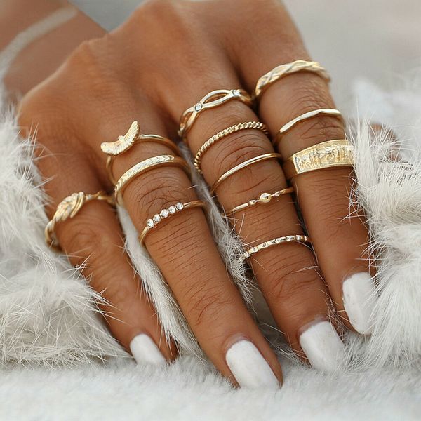 

12pcs / set совмещенный unique vintage стильный joint knuckle кольца установить палец кольца мода ювелирные изделия stack, Golden;silver