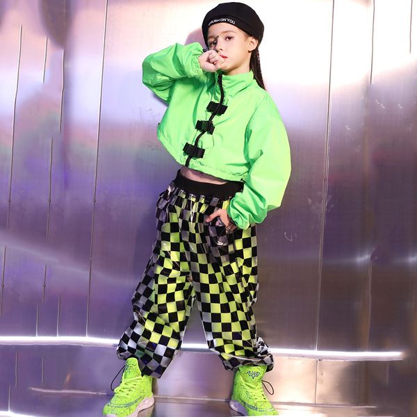

hip hop costumes children street dance clothing girls fashion fluorescent green jacket pants kids jazz performance wear dnv12610, Black;red