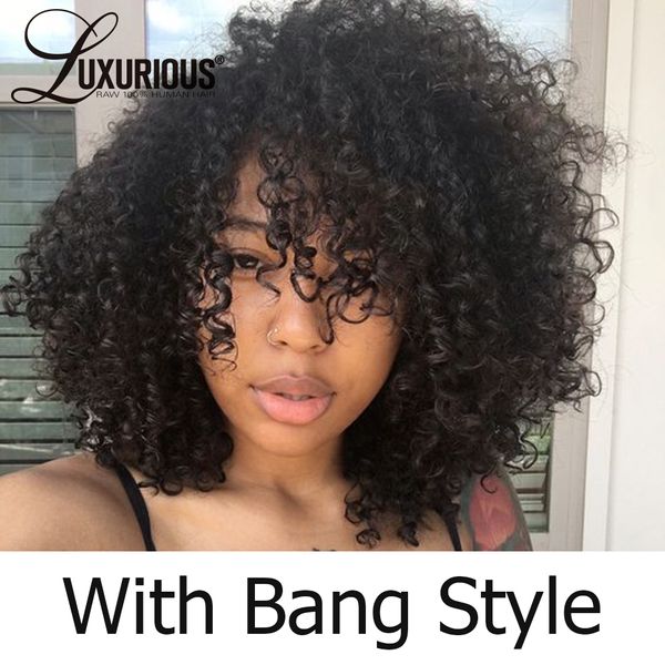

150% density mongolian afro kinky curly wig with bang 13x6 lace front human hair wigs pre plucked for black women bleached knots, Black;brown