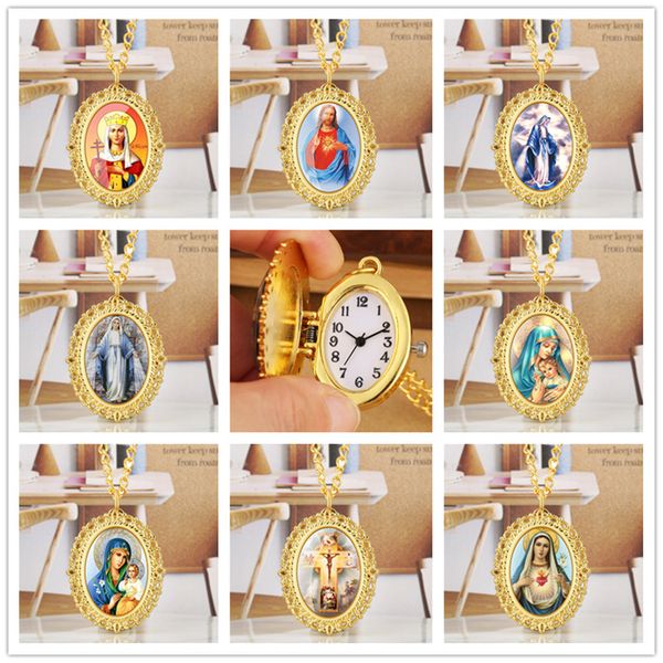 

antique classic luxury golden oval shape pocket watch madonna/jesus/ design men women quartz analog clock with necklace chain gift, Slivery;golden