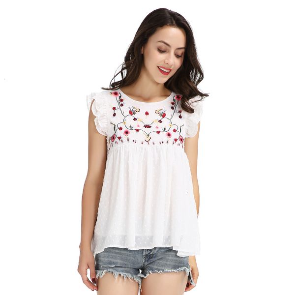 

ruffle blouse women clothing sweet floral embroidery pleated shirt cute sleeveless vintage doll ladies summer embroidery casual blusas, White