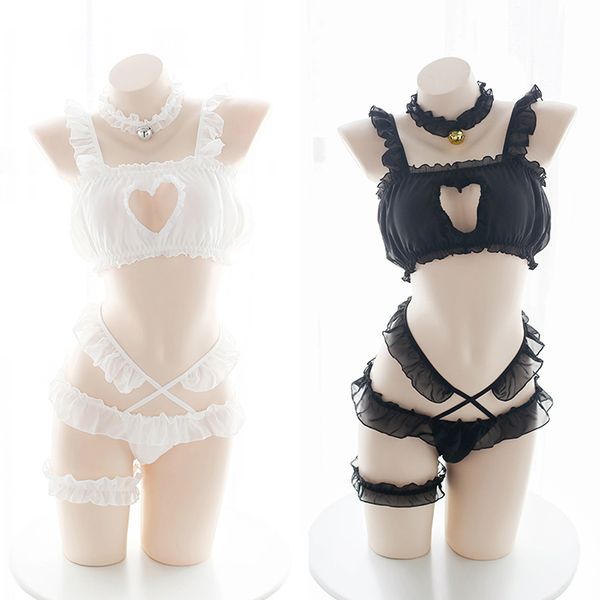 

drop ship heart hollow out women lingerie set lolita bra intimates anime cosplay costume transparent underwear+bell neck, Red;black