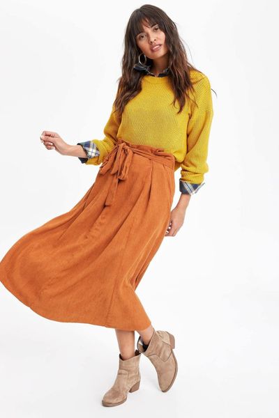 

defacto fashion bow belt woman woven skirt ladies casual pleated long skirts female solid color harajuku skirts - k8772az18wn, Black