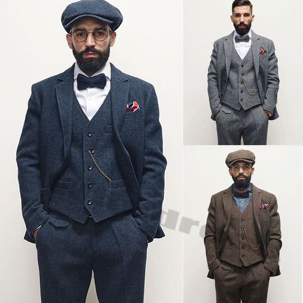 2019 Abiti da uomo vintage Abiti in lana di tweed a quadri Smoking da sposo vestibilità regolare Smoking da sposa scozzesi su misura Abito formale Tre pezzi