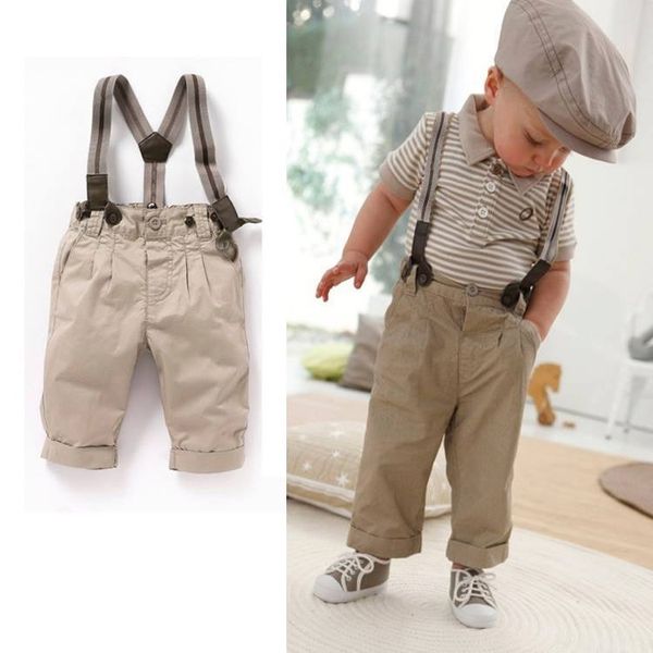 

2019 summer baby boy clothes set casual kids boys suits cotton babe striped t-shirt+bibs trousers children's clothing sets, White