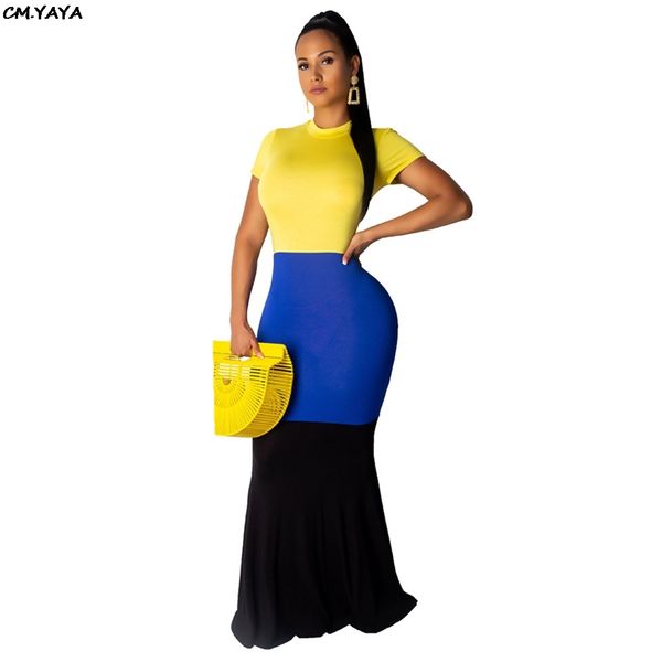

2019 women summer o-neck short sleeve colorful splicing high waist maxi mermaid dress night club party bodycon dresses glsy8341, Black;gray