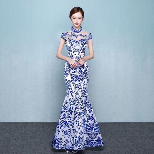 

blue white porcelain chinese traditional evening gown fashion mermaid long modern qipao cheongsam oriental dresses custom, Red