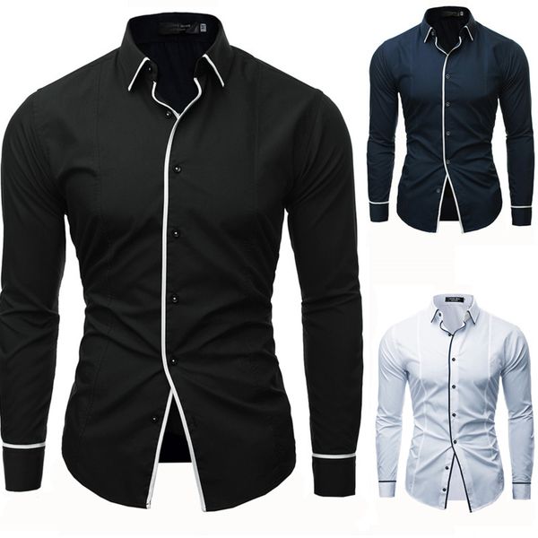 

uyuk2019 spring and autumn new men's solid color line open decorative shirt long sleeve trend lapel leisure homme, White;black
