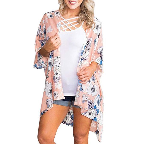 

2019 new casual print summer coat trench women summer holiday flower print smock easy long cover-up kimono cardigan #5, Tan;black