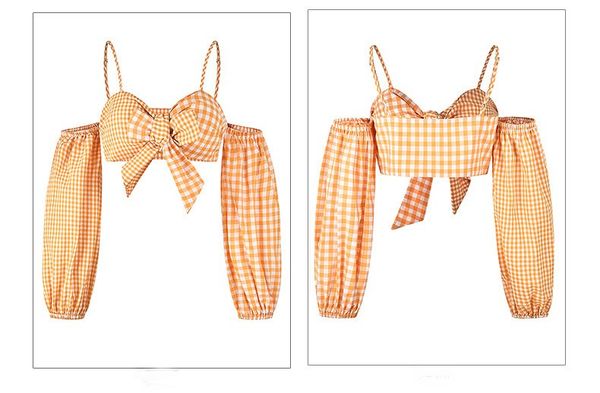 

women short spaghetti strap vest camis yellow lantern sleeve crop bow lace up casual plaid cami, White