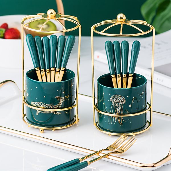

emerald fruit fork set light ceramic stainless steel fork dessert dessert cake household fruit stick